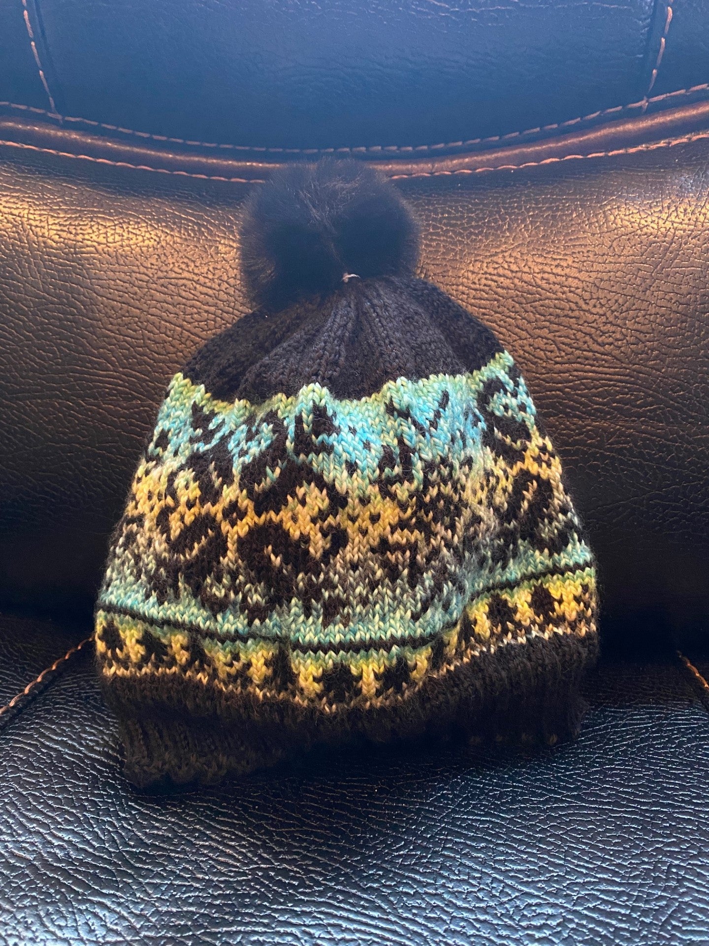 Fair Isle Knitted Black and Rainbow Beanie