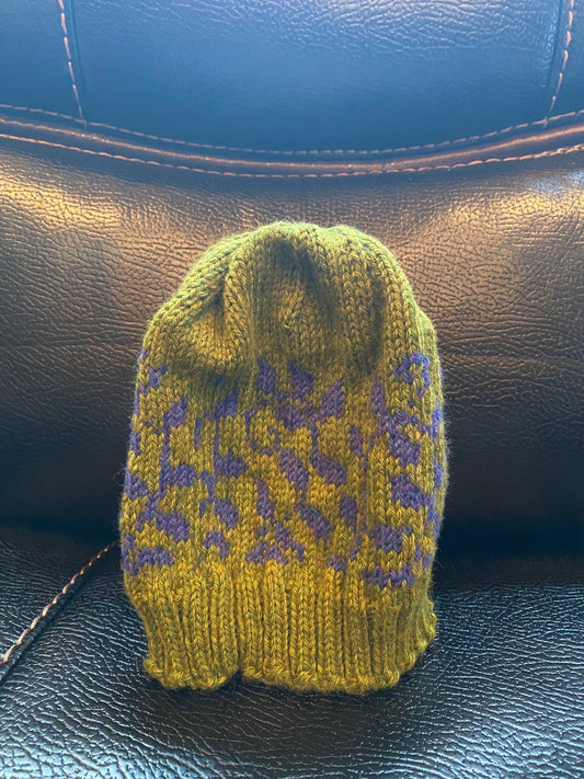 Fair Isle Knitted Green with Purple Accent Beanie