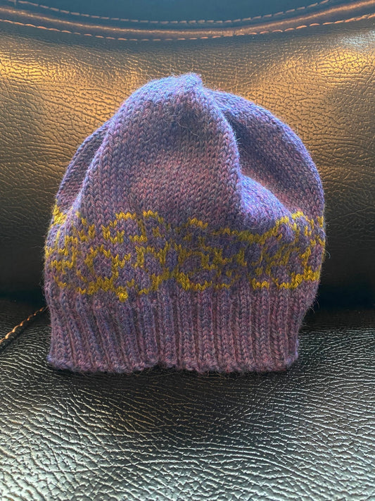 Fair Isle Knitted Purple Beanie with Green Accents