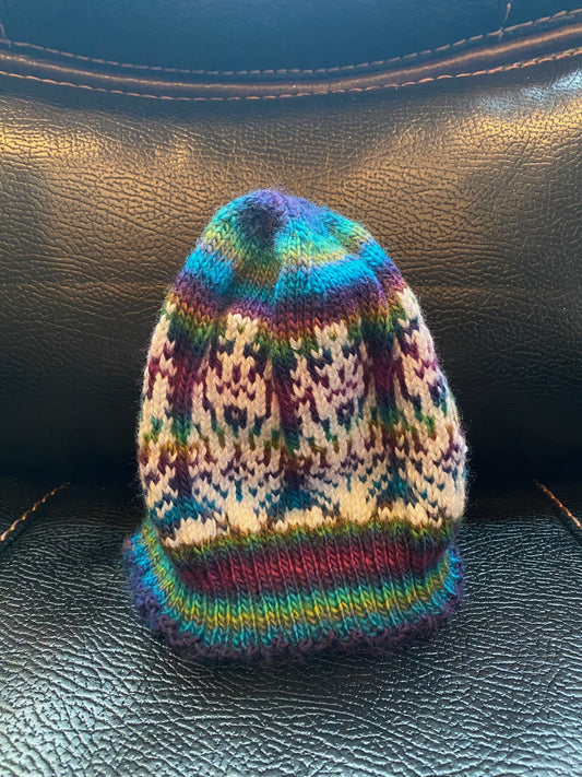 Fair Isle Knitted Beanie Rainbow with White Accents