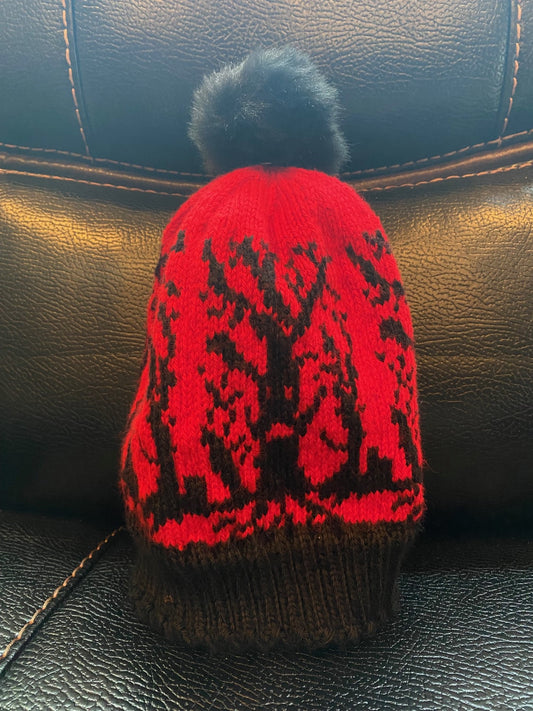 Fair Isle Knitted Red and Black Spooky Beanie